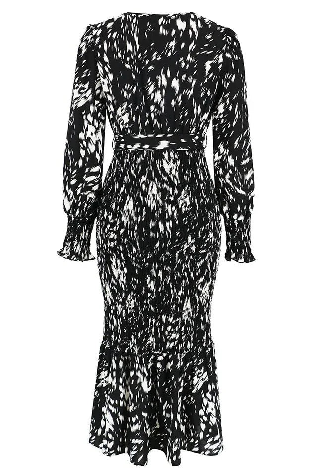Printed V Neck Smocked Midi Dress - View 12 | TEVQA