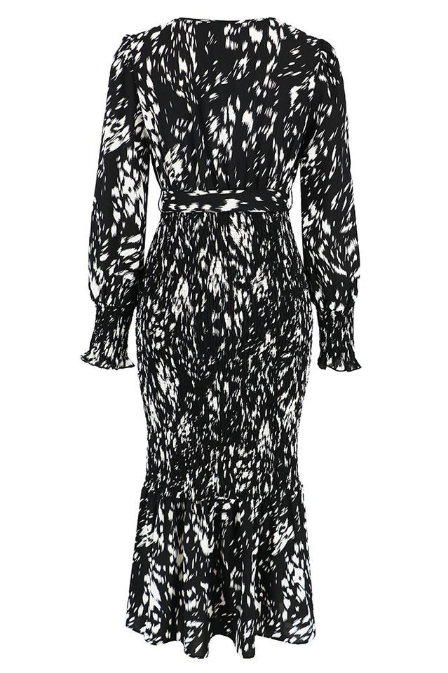 Printed V Neck Smocked Midi Dress - Tevqa