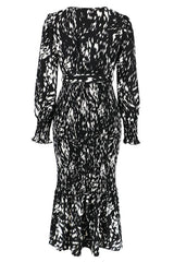 Printed V Neck Smocked Midi Dress - Tevqa