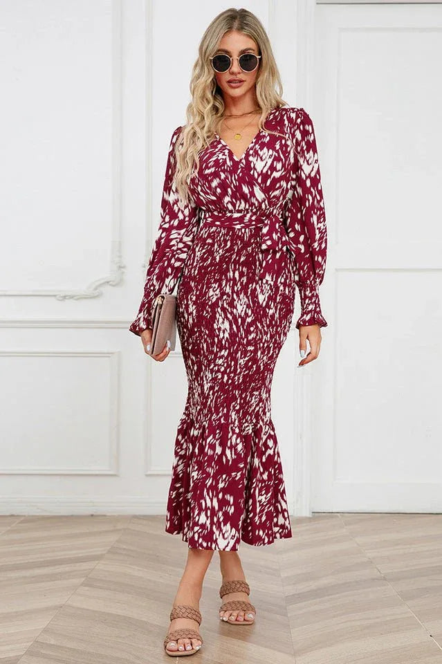 Printed V Neck Smocked Midi Dress - View 13 | TEVQA