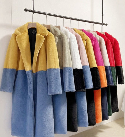 Ella Contrast Colorblock Faux Fur Coat - Elegant Lapel Mid-Length Winter Outerwear