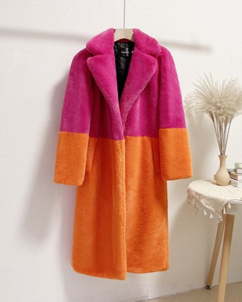 Ella Contrast Colorblock Faux Fur Coat - Elegant Lapel Mid-Length Winter Outerwear