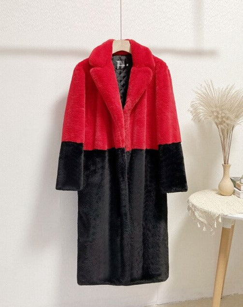 Ella Contrast Colorblock Faux Fur Coat - Elegant Lapel Mid-Length Winter Outerwear