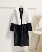 White and black colorblock faux fur coat