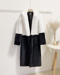 Ella Contrast Colorblock Faux Fur Coat - Elegant Lapel Mid-Length Winter Outerwear