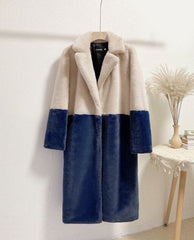 Ella Contrast Colorblock Faux Fur Coat - Elegant Lapel Mid-Length Winter Outerwear