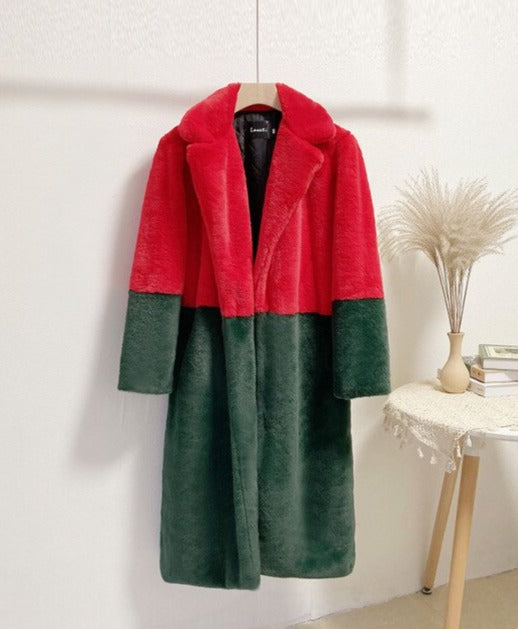Ella Contrast Colorblock Faux Fur Coat - Elegant Lapel Mid-Length Winter Outerwear