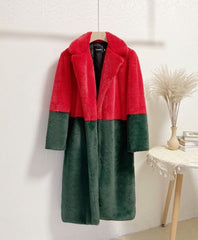 Ella Contrast Colorblock Faux Fur Coat - Elegant Lapel Mid-Length Winter Outerwear