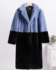 Ella Contrast Colorblock Faux Fur Coat - Elegant Lapel Mid-Length Winter Outerwear