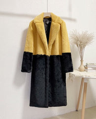 Ella Contrast Colorblock Faux Fur Coat - Elegant Lapel Mid-Length Winter Outerwear