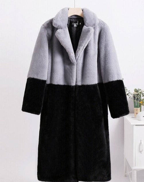 Ella Contrast Colorblock Faux Fur Coat - Elegant Lapel Mid-Length Winter Outerwear