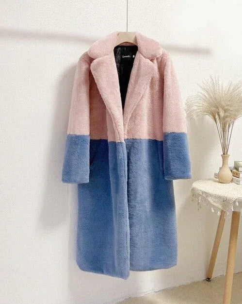 Pink and blue colorblock faux fur coat