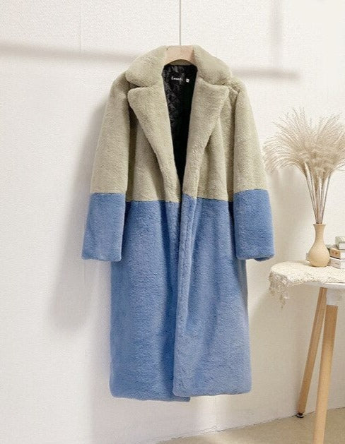 Ella Contrast Colorblock Faux Fur Coat - Elegant Lapel Mid-Length Winter Outerwear