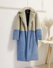 Ella Contrast Colorblock Faux Fur Coat - Elegant Lapel Mid-Length Winter Outerwear