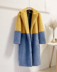 Ella Contrast Colorblock Faux Fur Coat - Elegant Lapel Mid-Length Winter Outerwear