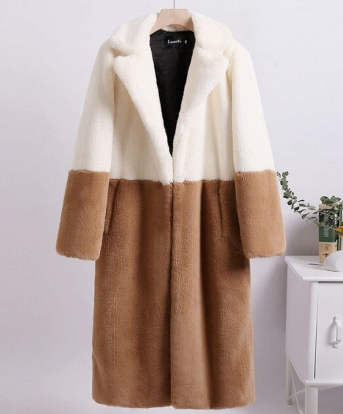 Ella Contrast Colorblock Faux Fur Coat - Elegant Lapel Mid-Length Winter Outerwear