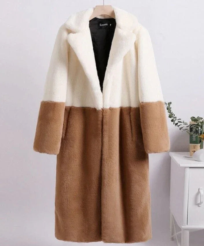 Cream and brown colorblock faux fur coat Main image