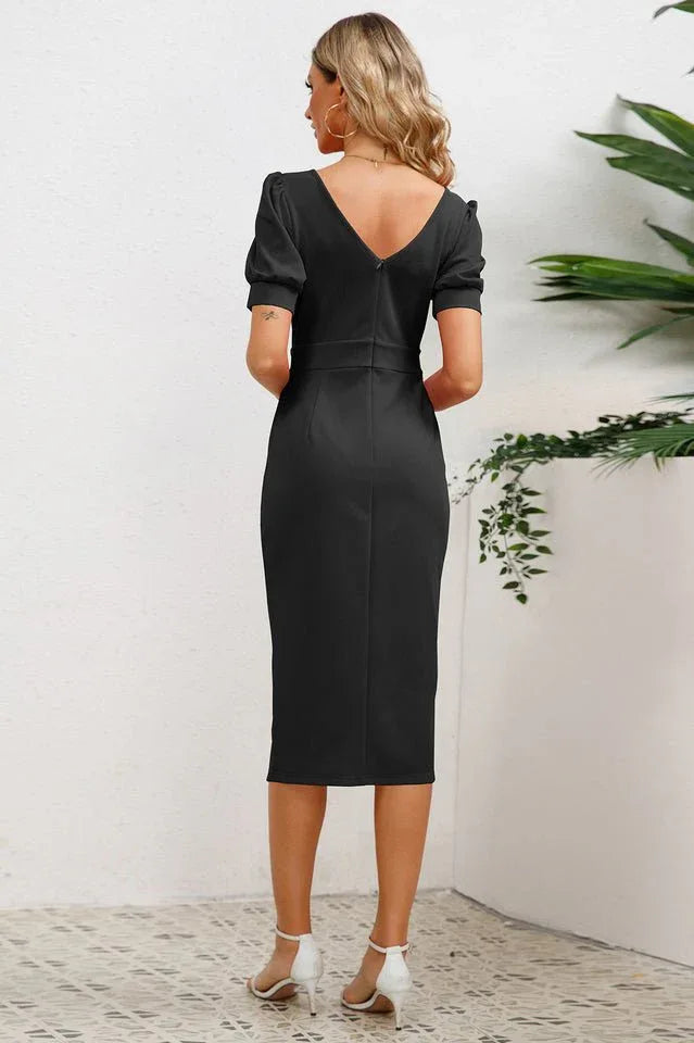 Puff Sleeve Ruffle Slit Midi Dress - View 17 | TEVQA