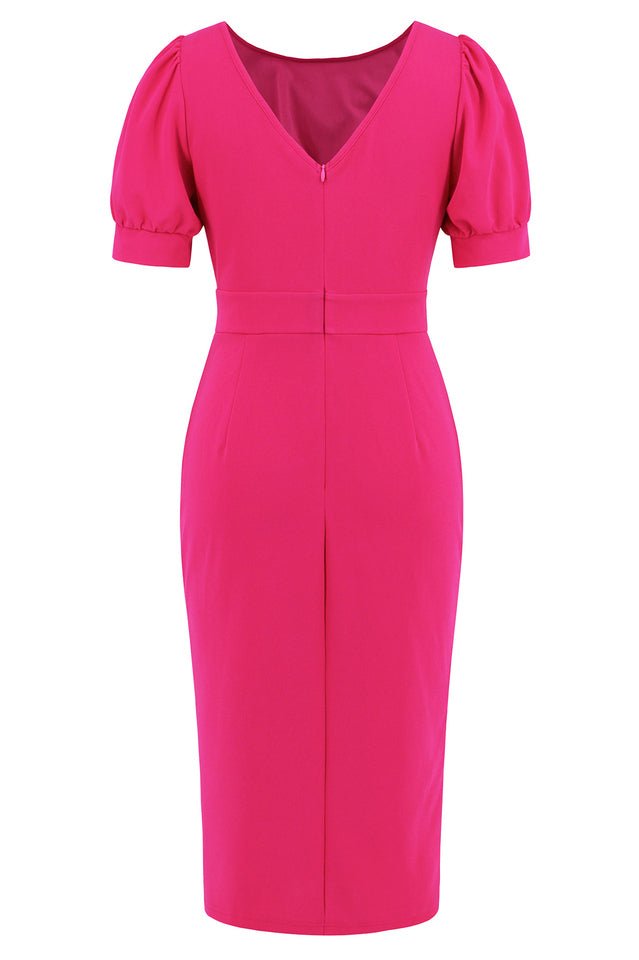 Puff Sleeve Ruffle Slit Bodycon Midi Dress - Tevqa
