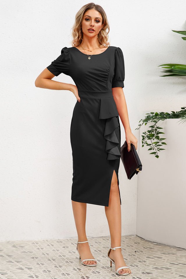 Puff Sleeve Ruffle Slit Bodycon Midi Dress - Tevqa