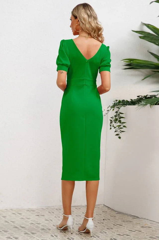 Puff Sleeve Ruffle Slit Midi Dress - View 14 | TEVQA