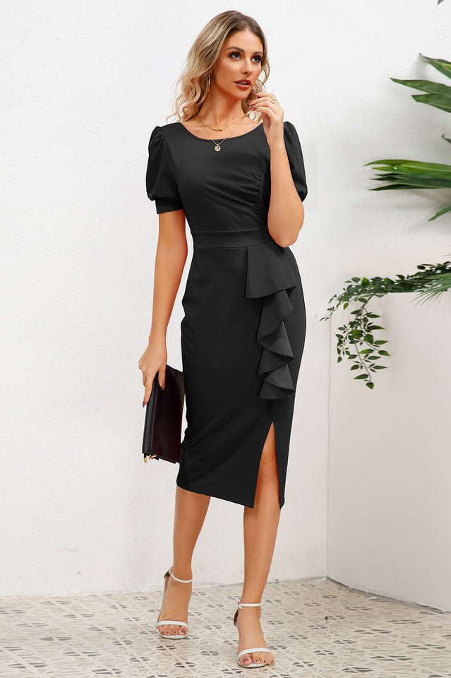 Puff Sleeve Ruffle Slit Bodycon Midi Dress - Tevqa