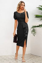 Puff Sleeve Ruffle Slit Midi Dress - View 16 | TEVQA