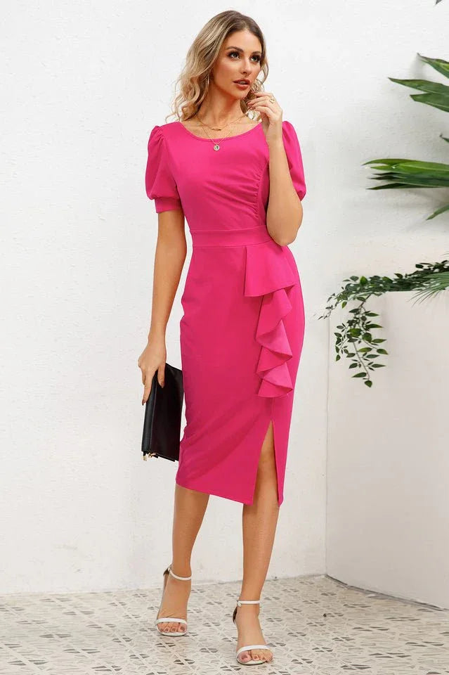 Puff Sleeve Ruffle Slit Midi Dress - View 7 | TEVQA