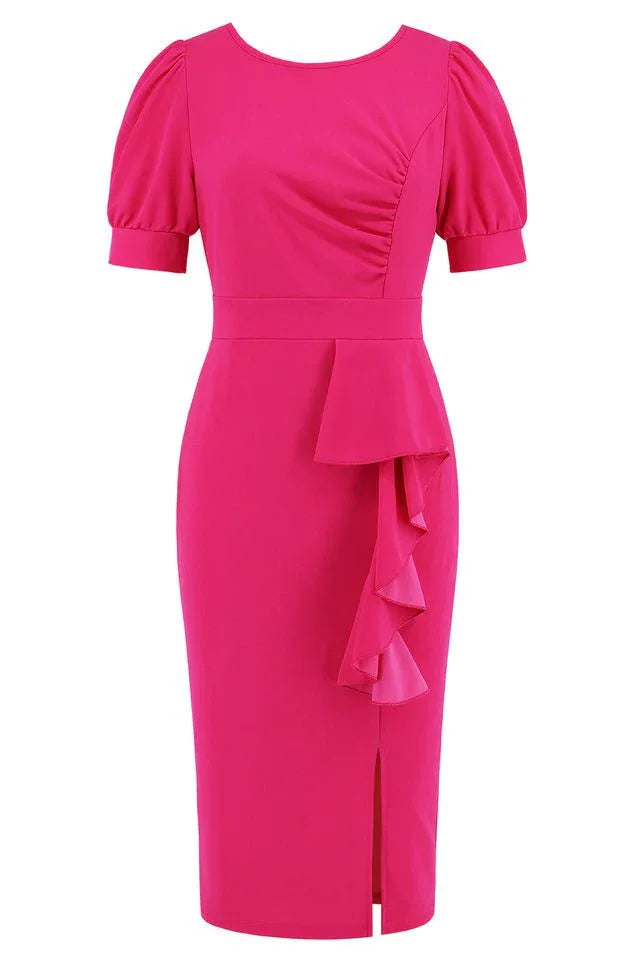 Puff Sleeve Ruffle Slit Midi Dress - View 9 | TEVQA