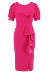 Puff Sleeve Ruffle Slit Bodycon Midi Dress - Tevqa