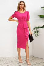 Puff Sleeve Ruffle Slit Midi Dress - View 6 | TEVQA