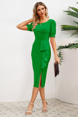 Puff Sleeve Ruffle Slit Bodycon Midi Dress - Tevqa