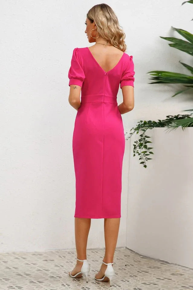 Puff Sleeve Ruffle Slit Midi Dress - View 8 | TEVQA
