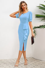 Puff Sleeve Ruffle Slit Bodycon Midi Dress - Tevqa