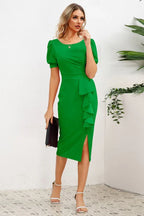 Puff Sleeve Ruffle Slit Midi Dress - View 12 | TEVQA