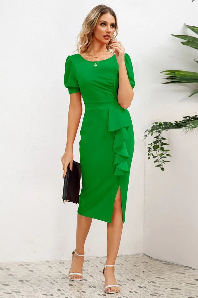 Puff Sleeve Ruffle Slit Midi Dress - View 12 | TEVQA