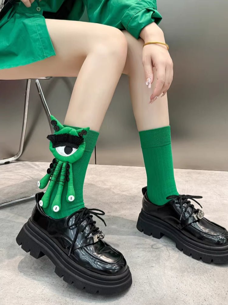 Quirky 3D Big Eye Monster Doll Cotton Mid - Calf Socks - TEVQA