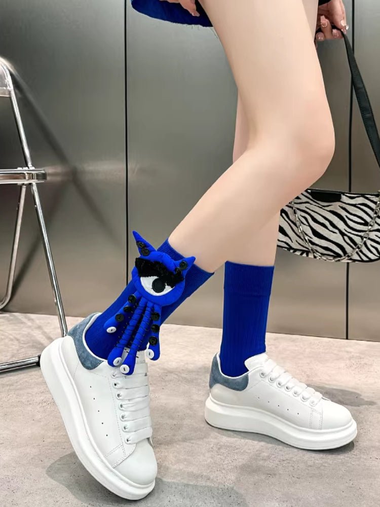 Quirky 3D Big Eye Monster Doll Cotton Mid - Calf Socks - TEVQA