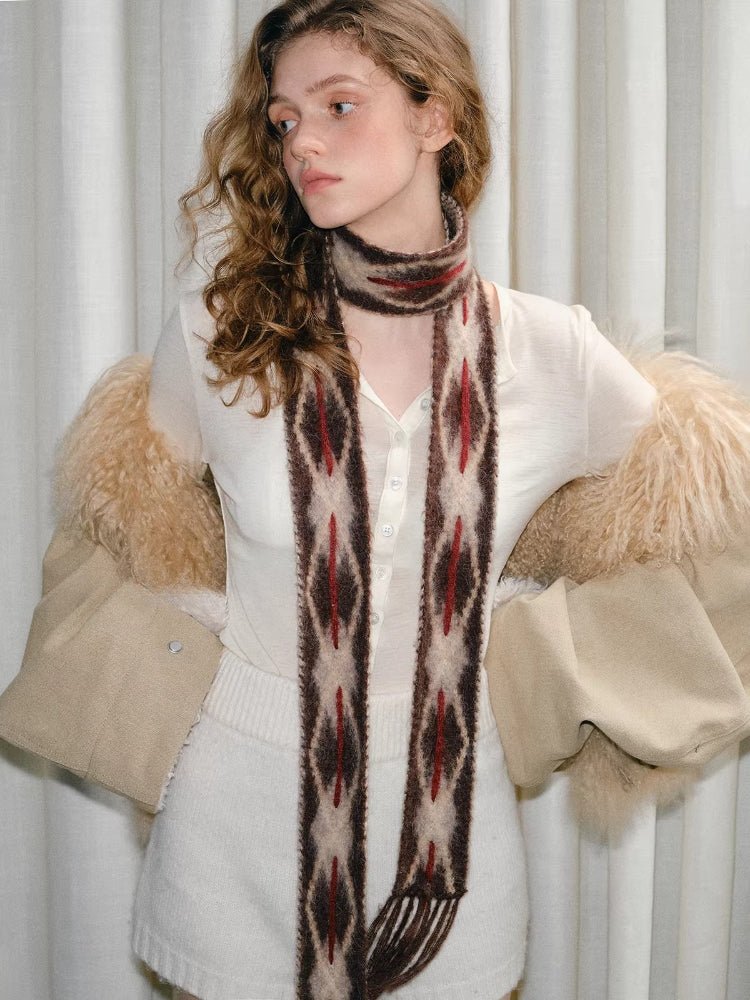 Retro Diamond Skinny Scarf Hand - Threaded Brown - TEVQA