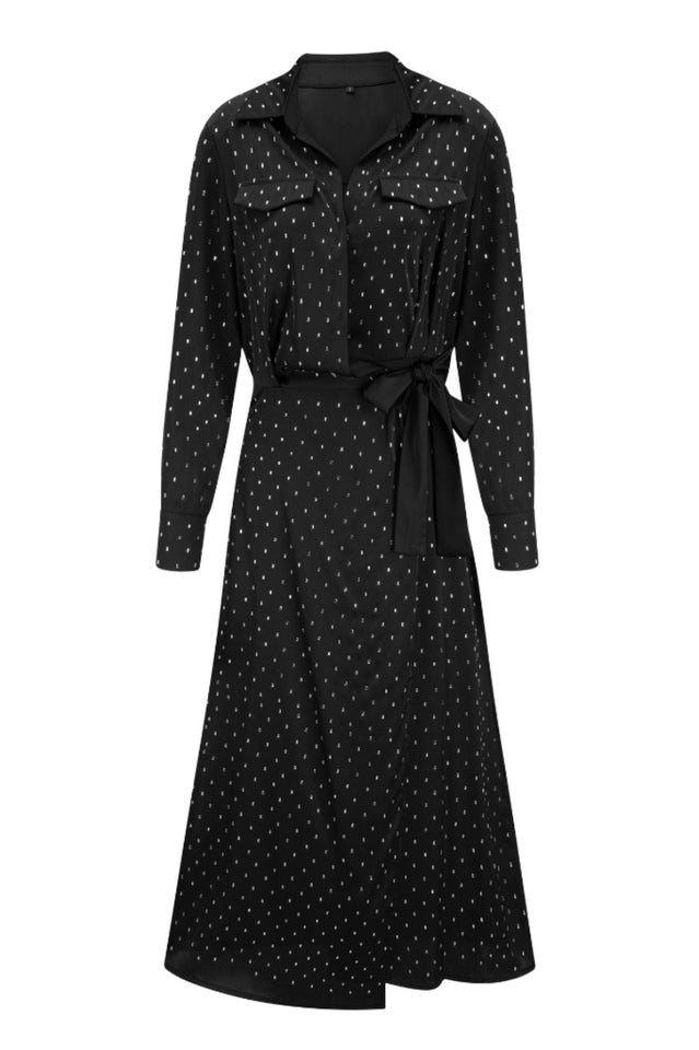 Rhinestone Dotted Collared Belted Midi Dress - Tevqa