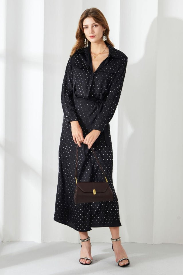 Rhinestone Dotted Collared Belted Midi Dress - Tevqa