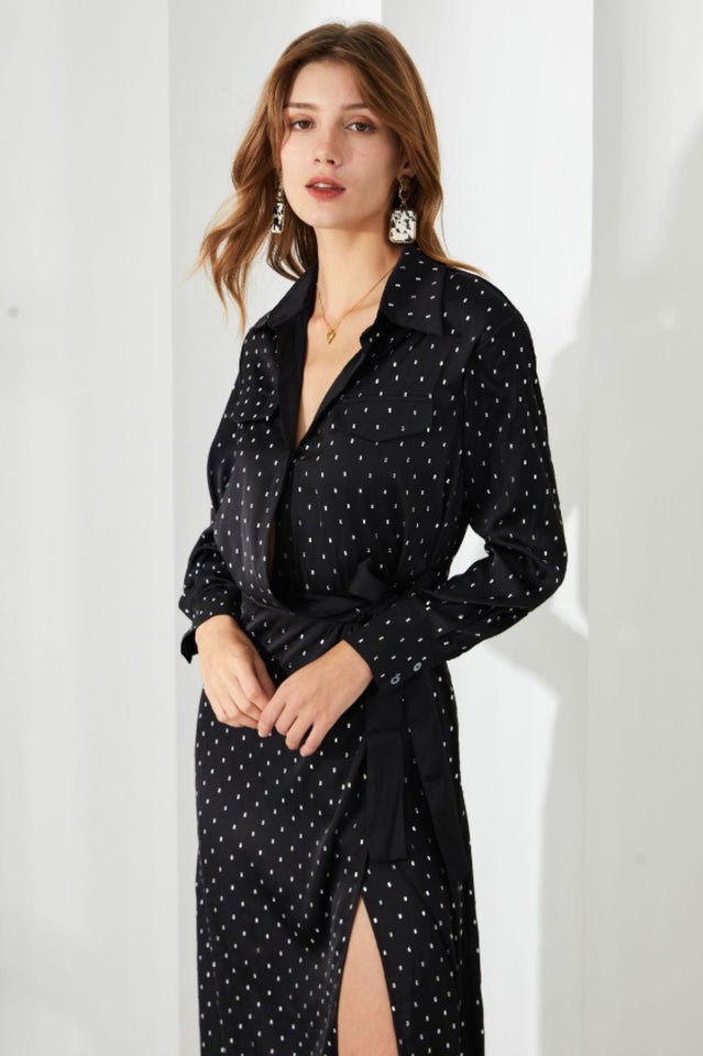 Rhinestone Dotted Collared Belted Midi Dress - Tevqa