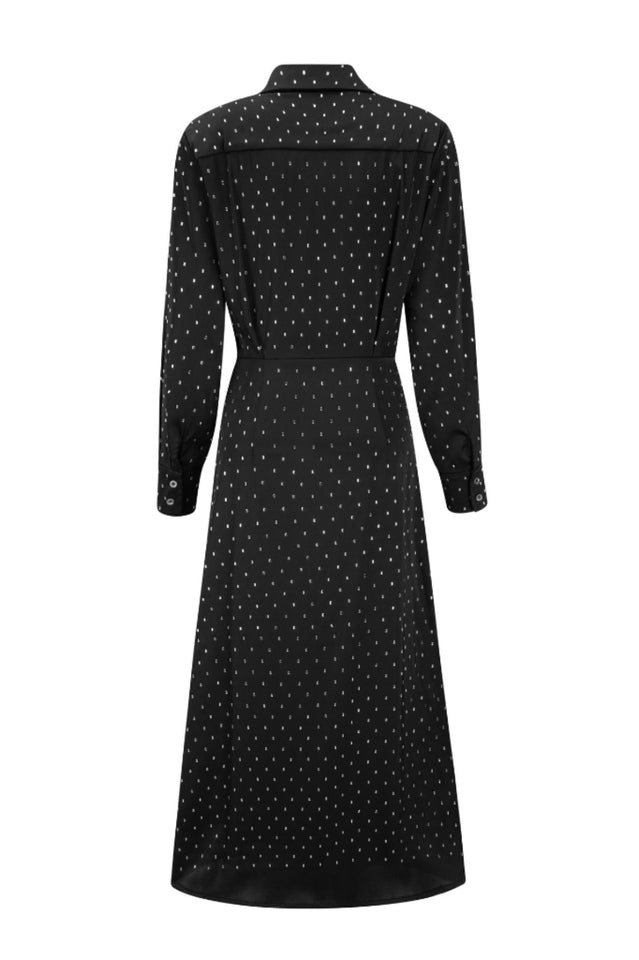 Rhinestone Dotted Collared Belted Midi Dress - Tevqa