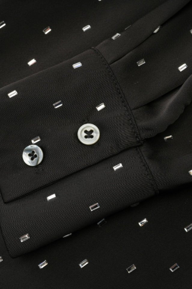 Rhinestone Dotted Collared Belted Midi Dress - Tevqa