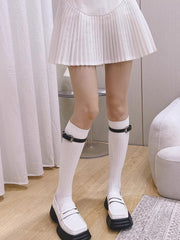 Ribbed Knee High Socks with Buckle Strap Black Preppy Style - TEVQA