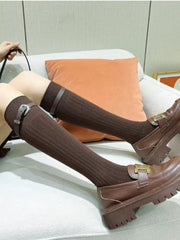 Ribbed Knee High Socks with Buckle Strap Black Preppy Style - TEVQA