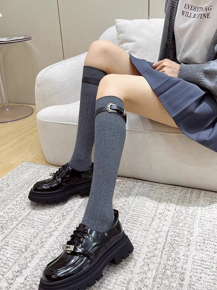 Ribbed Knee High Socks with Buckle Strap Black Preppy Style - TEVQA