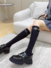 Ribbed Knee High Socks with Buckle Strap Black Preppy Style - TEVQA