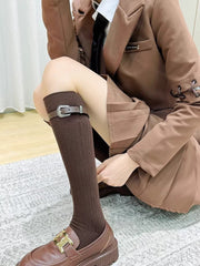 Ribbed Knee High Socks with Buckle Strap Black Preppy Style - TEVQA