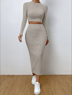 Ribbed Knit Crop Top & Midi Skirt Set - TEVQA